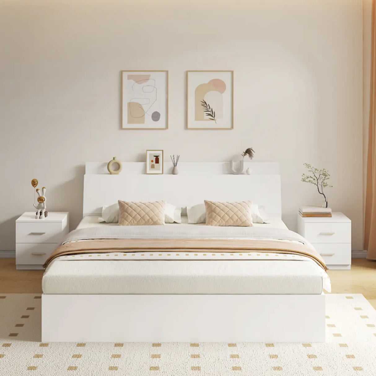 Sleek Warm White King Wood Platform Headboard Panel Bed Image - 1