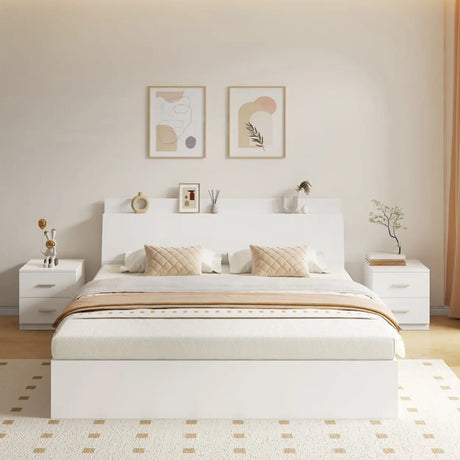 Sleek Warm White King Wood Platform Headboard Panel Bed Image - 1