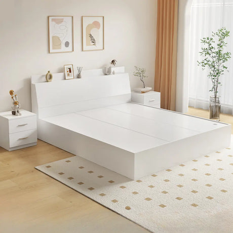Sleek Warm White King Wood Platform Headboard Panel Bed Image - 2