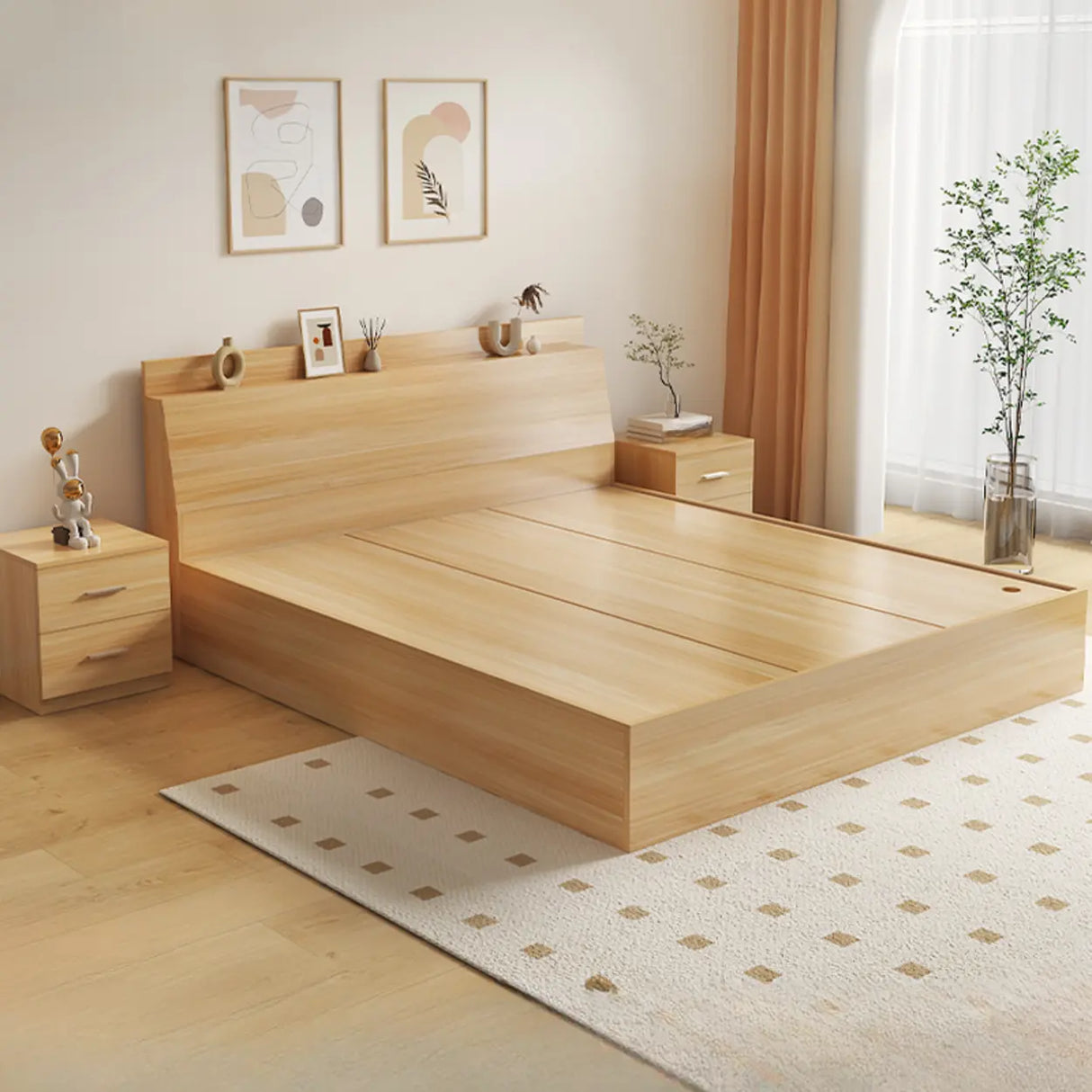 Sleek Warm White King Wood Platform Headboard Panel Bed Image - 4