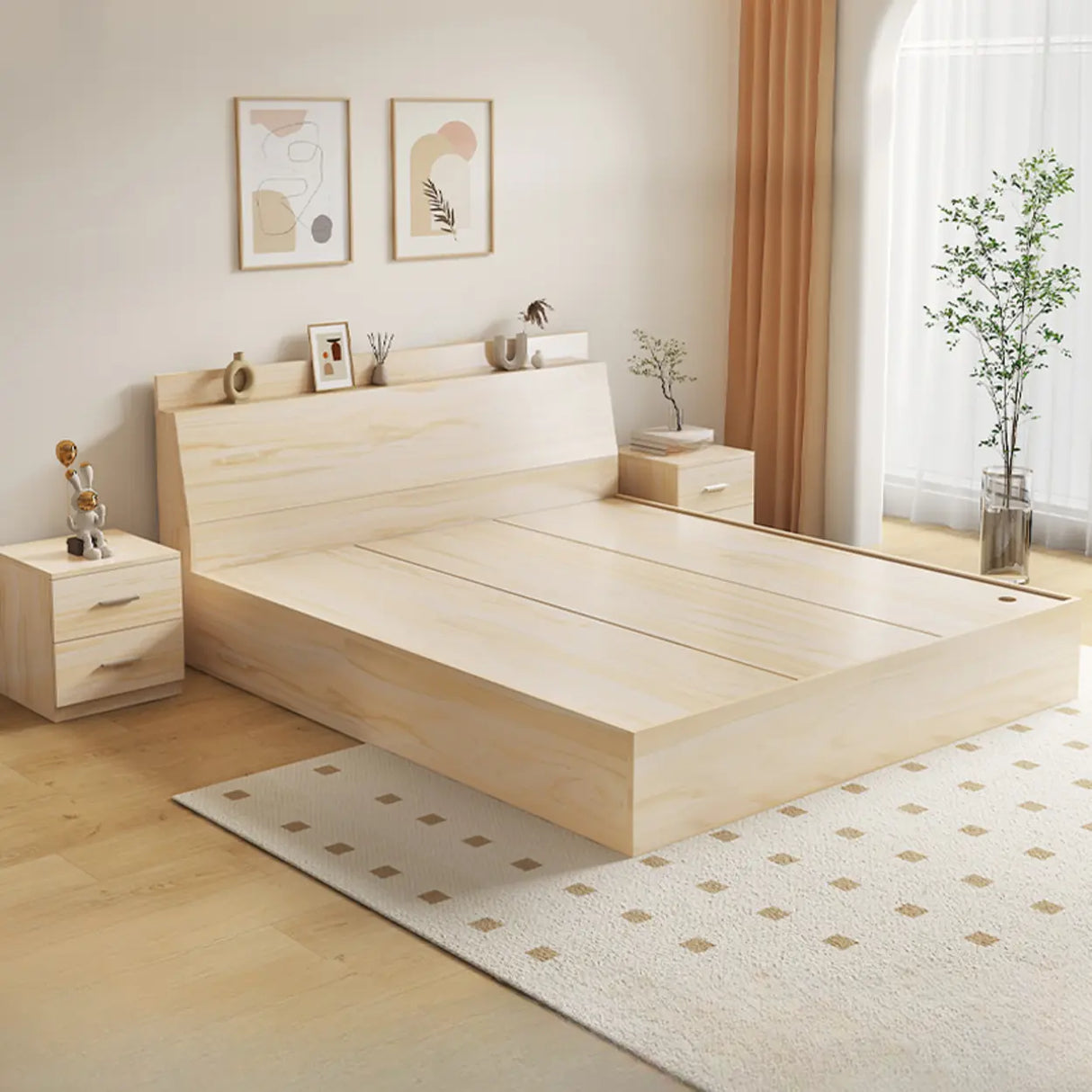 Sleek Warm White King Wood Platform Headboard Panel Bed Image - 7