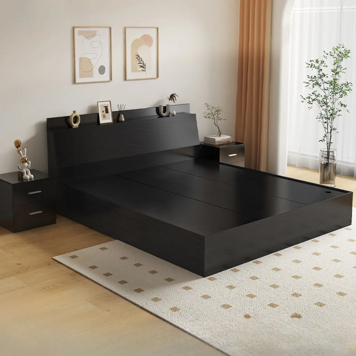 Sleek Warm White King Wood Platform Headboard Panel Bed Image - 9