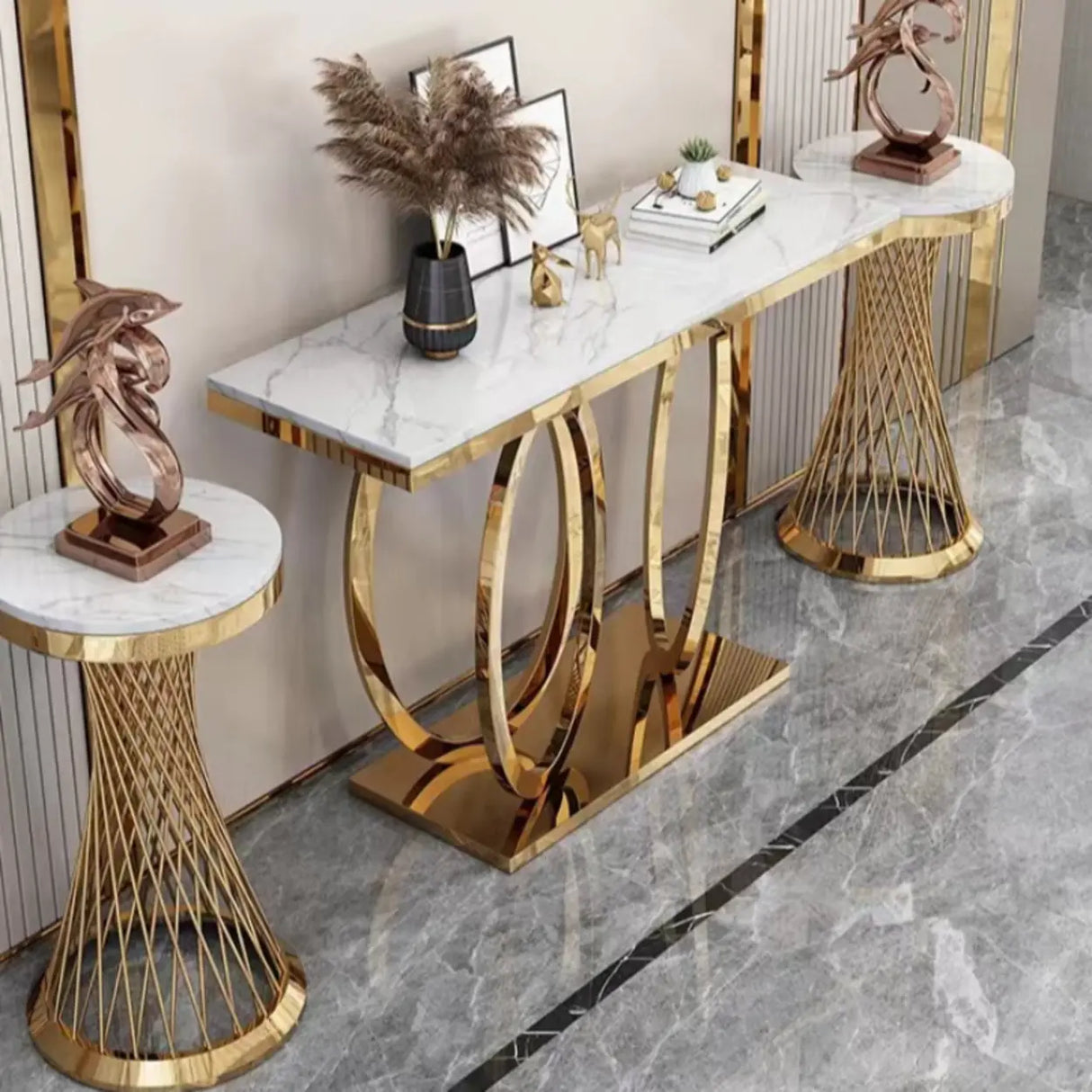 Sleek Washable Geometric Gold Standard Console Table Image - 3