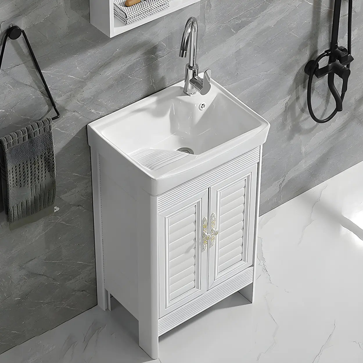 Sleek White Freestanding Sink Glam Bath Vanity with Doors Image - 1