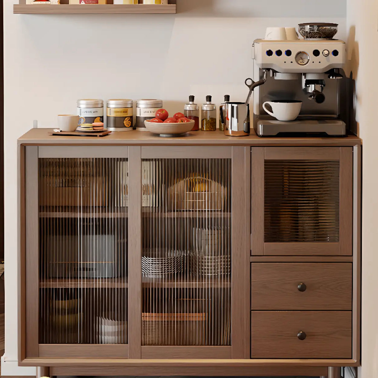 Sleek Wood Walnut Medium Clear Doors Storage Sideboard Image - 1