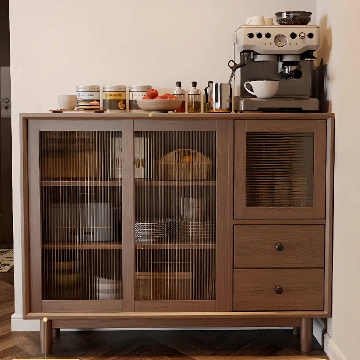 Sleek Wood Walnut Medium Clear Doors Storage Sideboard Image - 5