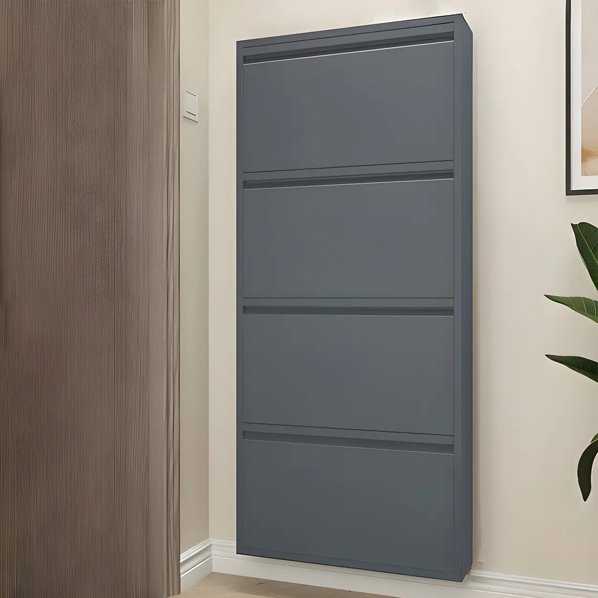 Slim Metal Wall-Mounted Drop Front Shoe Rack Cabinet Image - 2