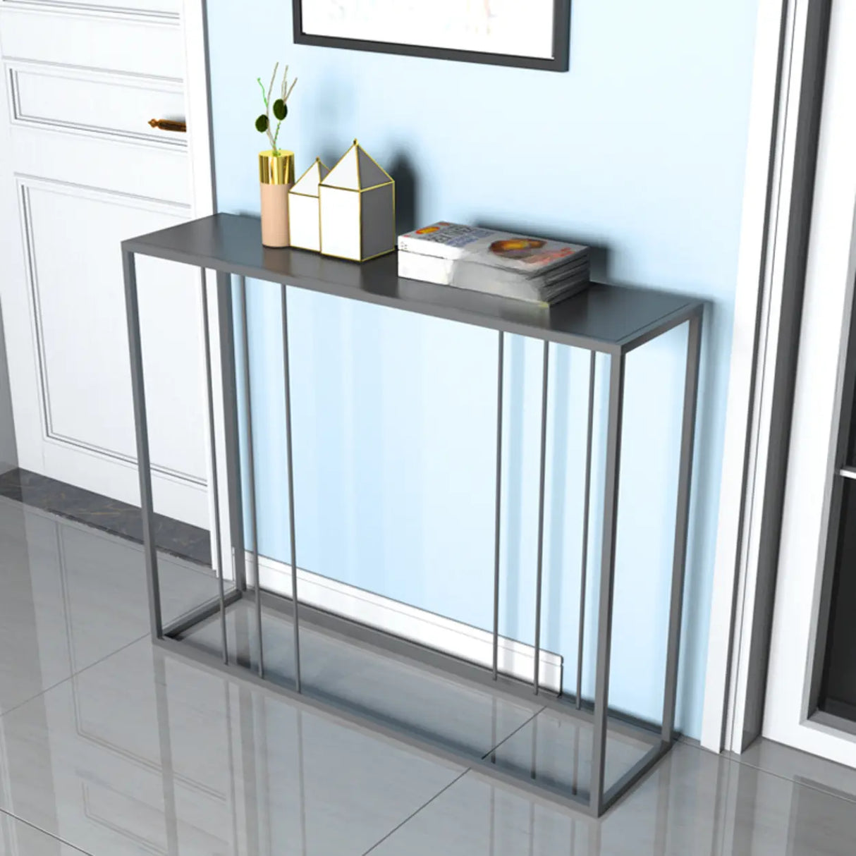 Slim Rectangular Metal Matte Black Entry Console Table Image - 7