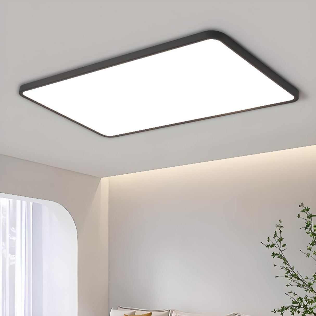 Slim White Rectangular LED Flush Mount Light Living Room Image - 3