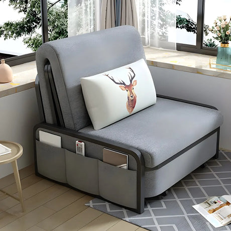 Slipcovered Grey Linen Metal Frame Cushion Back Sofa Bed Image - 1