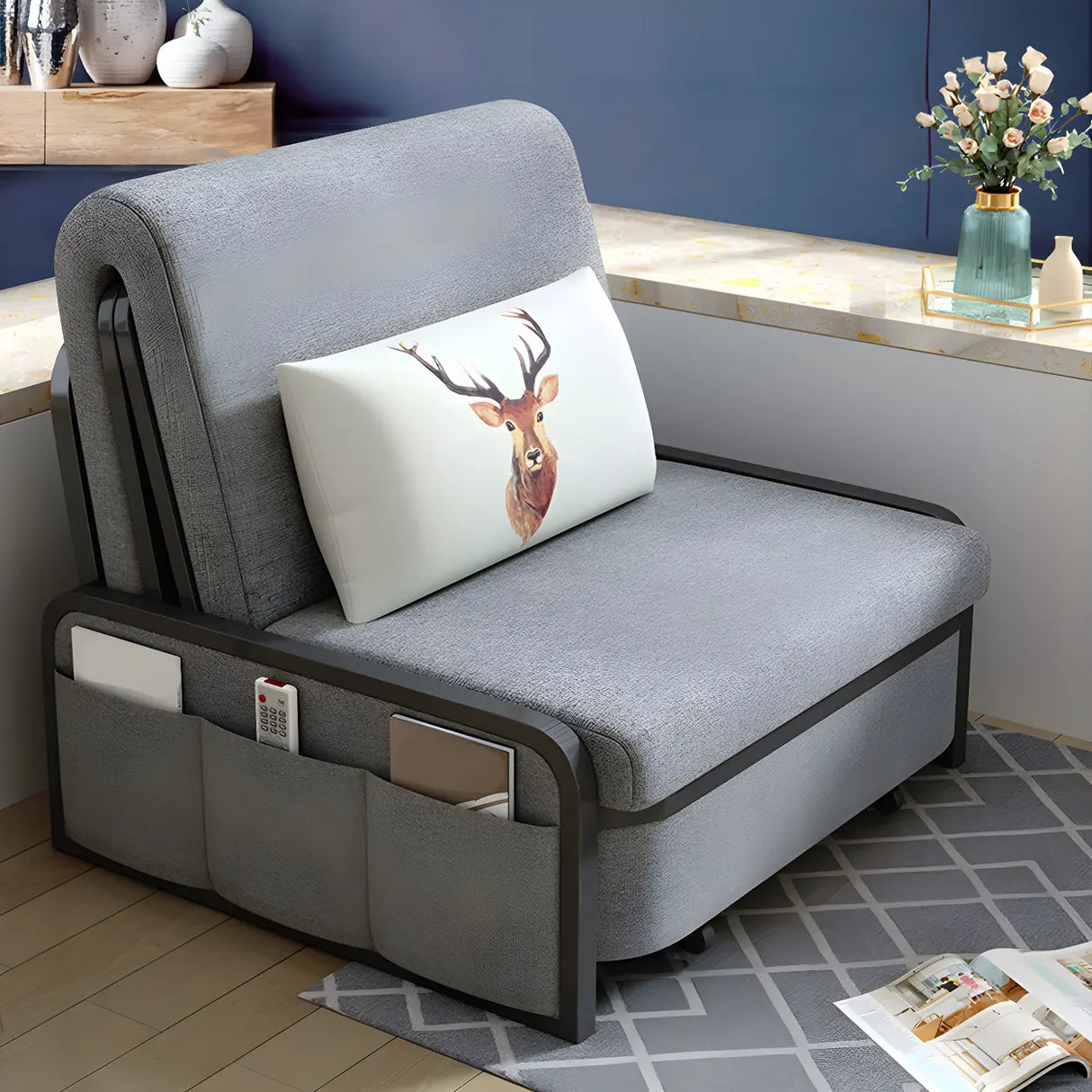 Slipcovered Grey Linen Metal Frame Cushion Back Sofa Bed Image - 10