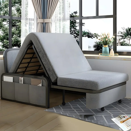 Slipcovered Grey Linen Metal Frame Cushion Back Sofa Bed Image - 2