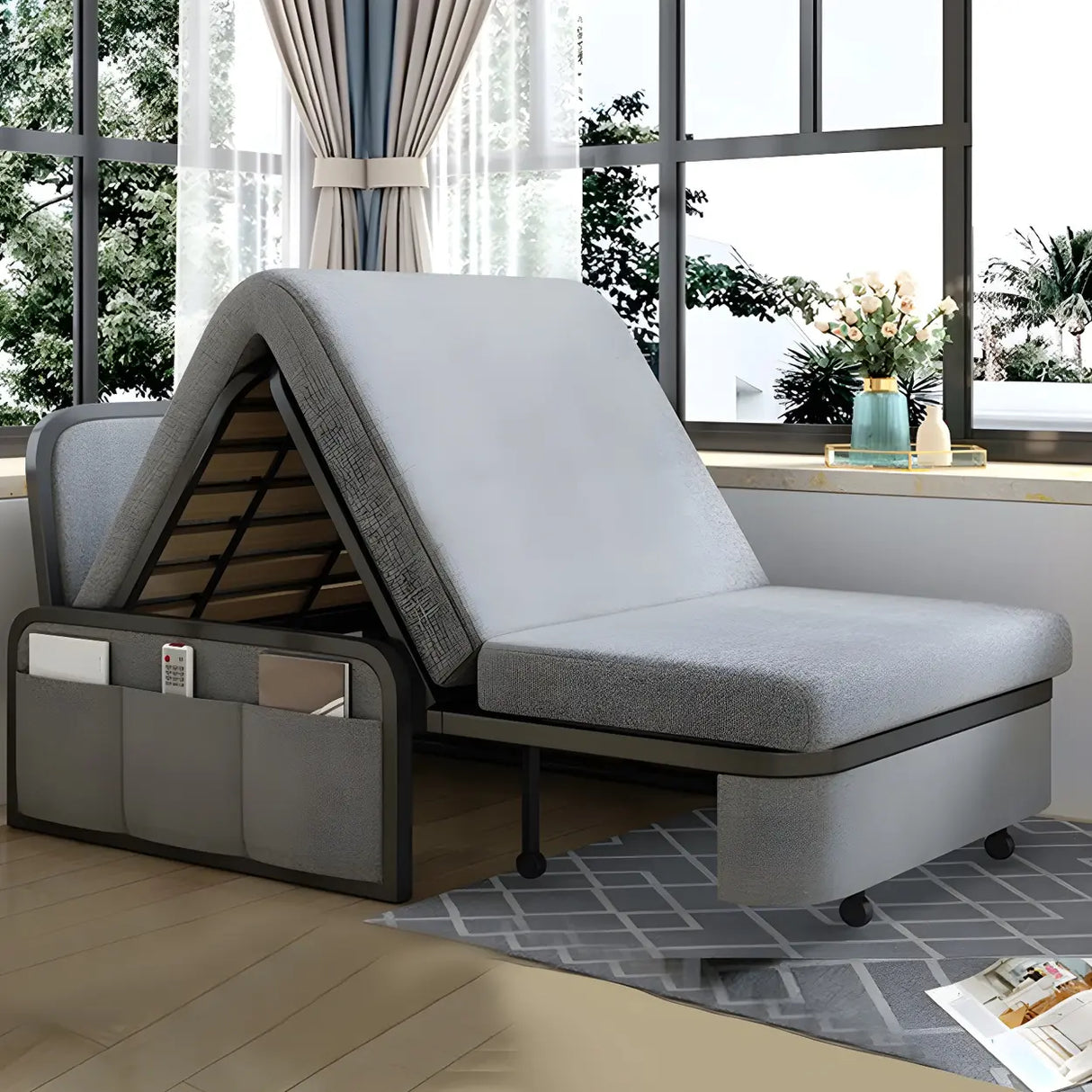 Slipcovered Grey Linen Metal Frame Cushion Back Sofa Bed Image - 2
