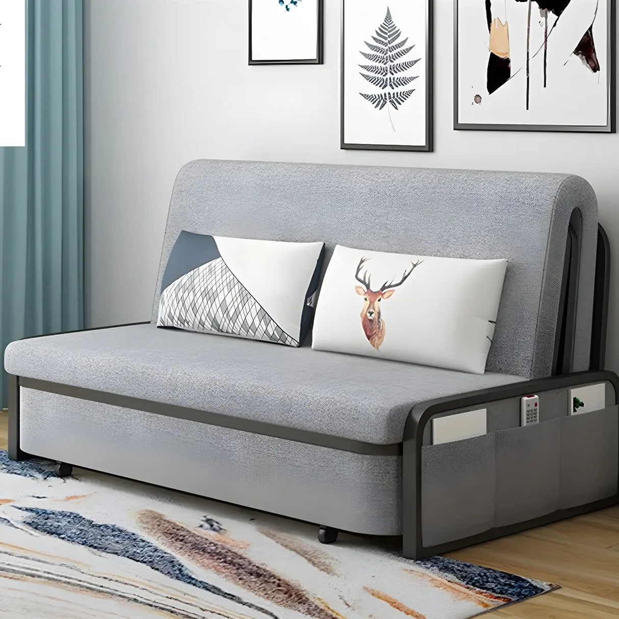 Slipcovered Grey Linen Metal Frame Cushion Back Sofa Bed Image - 3