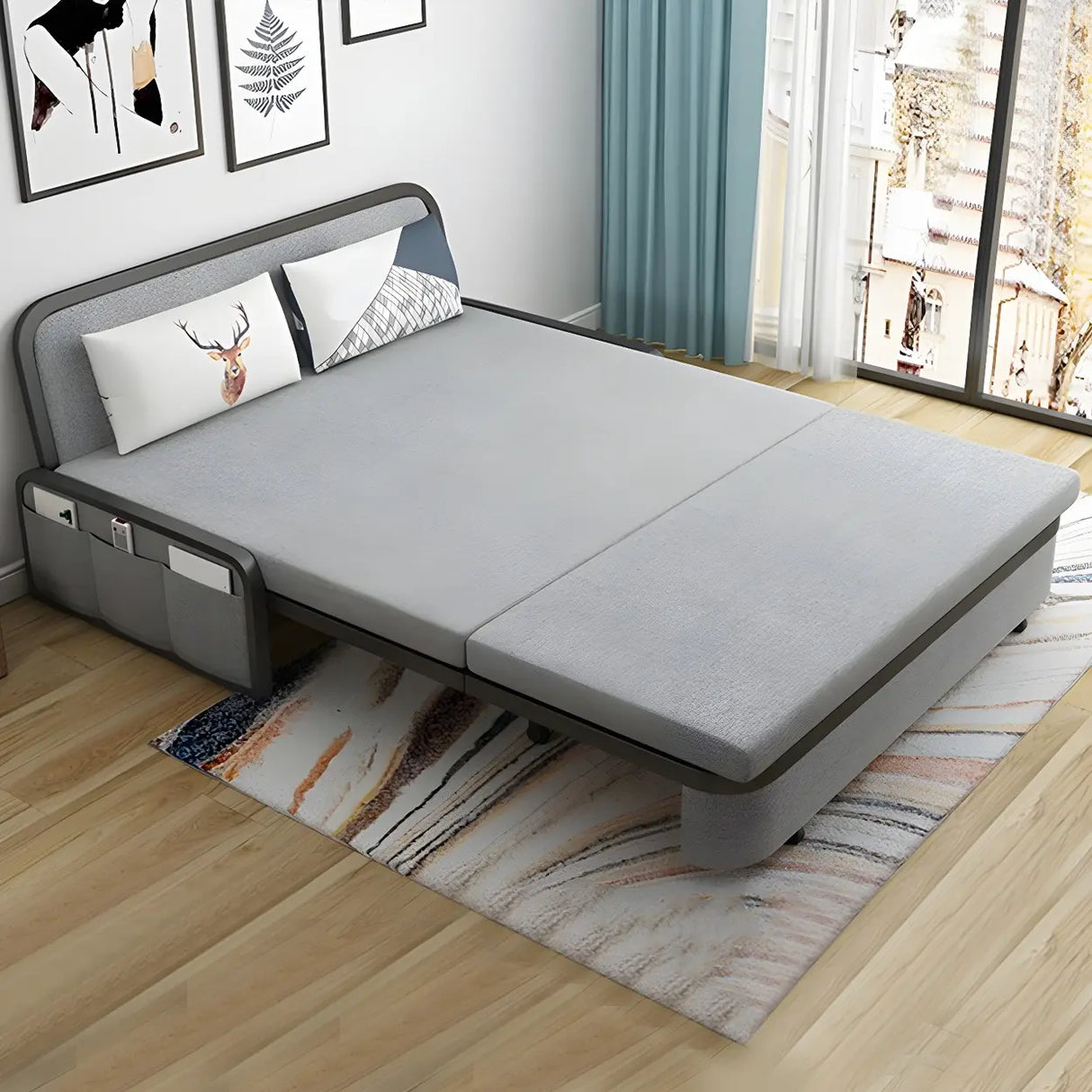 Slipcovered Grey Linen Metal Frame Cushion Back Sofa Bed Image - 4