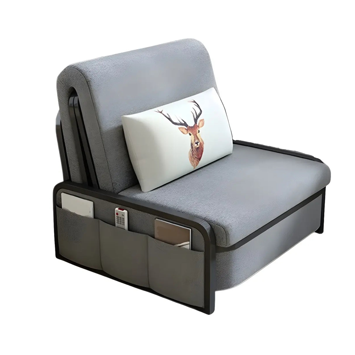 Slipcovered Grey Linen Metal Frame Cushion Back Sofa Bed Image - 5