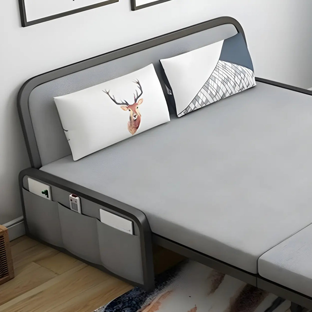 Slipcovered Grey Linen Metal Frame Cushion Back Sofa Bed Image - 8