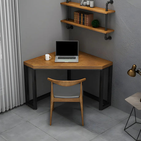 Small Brown Pine Wood Iron Sled Corner Writing Desk Image - 1