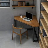 Small Brown Pine Wood Iron Sled Corner Writing Desk Image - 2