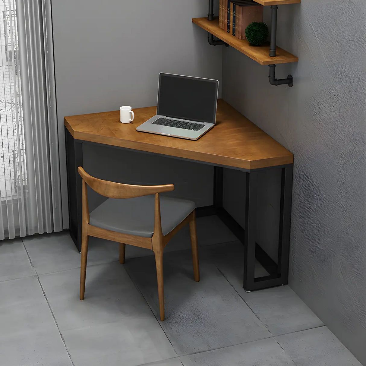 Small Brown Pine Wood Iron Sled Corner Writing Desk Image - 3