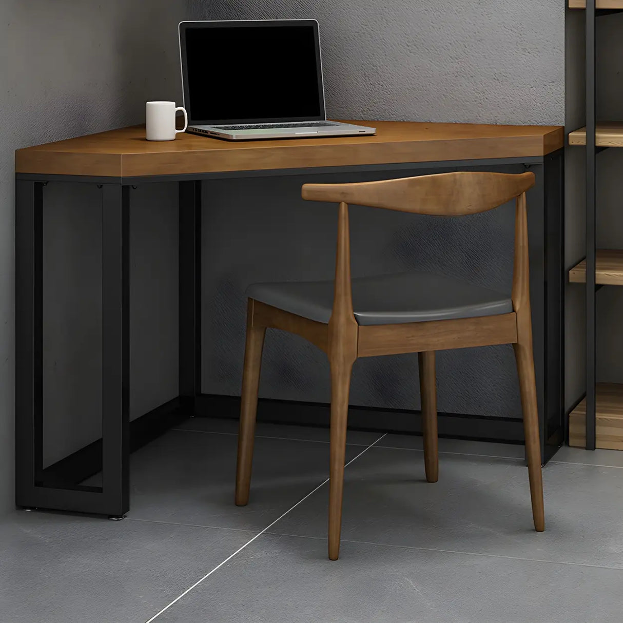Small Brown Pine Wood Iron Sled Corner Writing Desk Image - 4