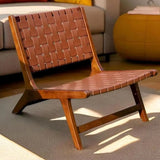 Small Brown Saddle Leather Woven Back Accent Chair Image - 1