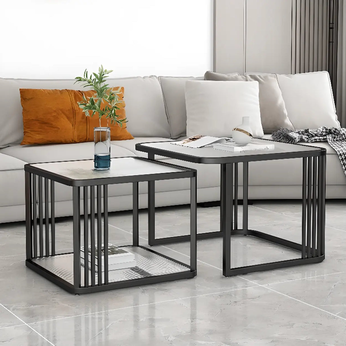Small Glass Square Top White Metal Frame Coffee Table Image - 6