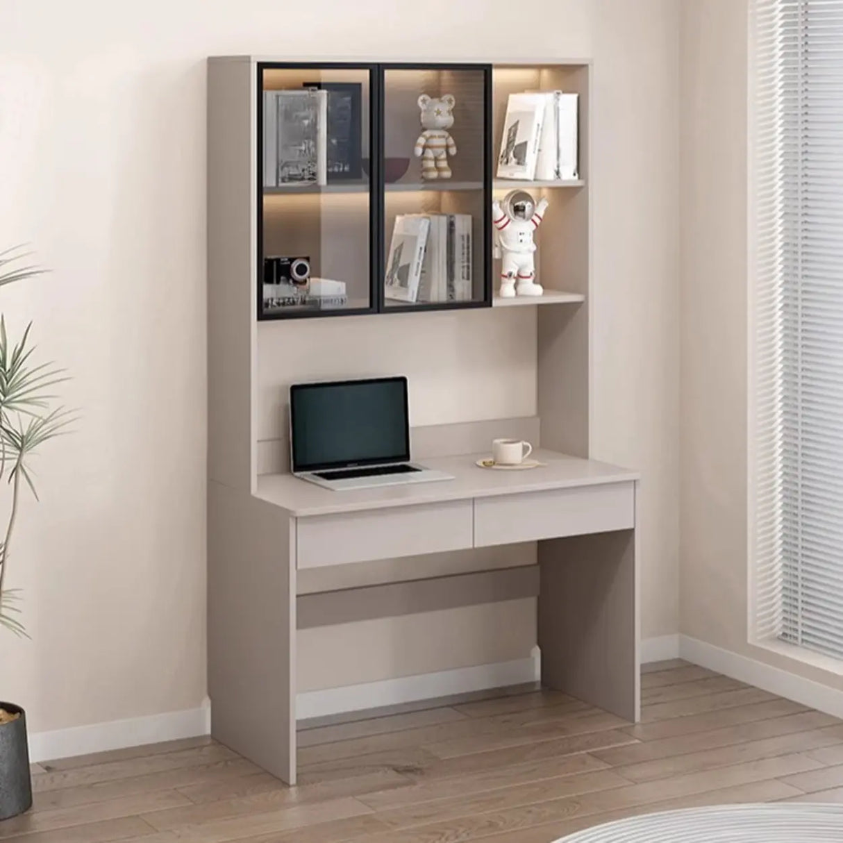 Small Standard Wood Credenza Desk with Hutch and Shelf Image - 4