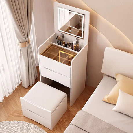 Small White Glass Top Wood Makeup Vanity with Drawers Image - 2