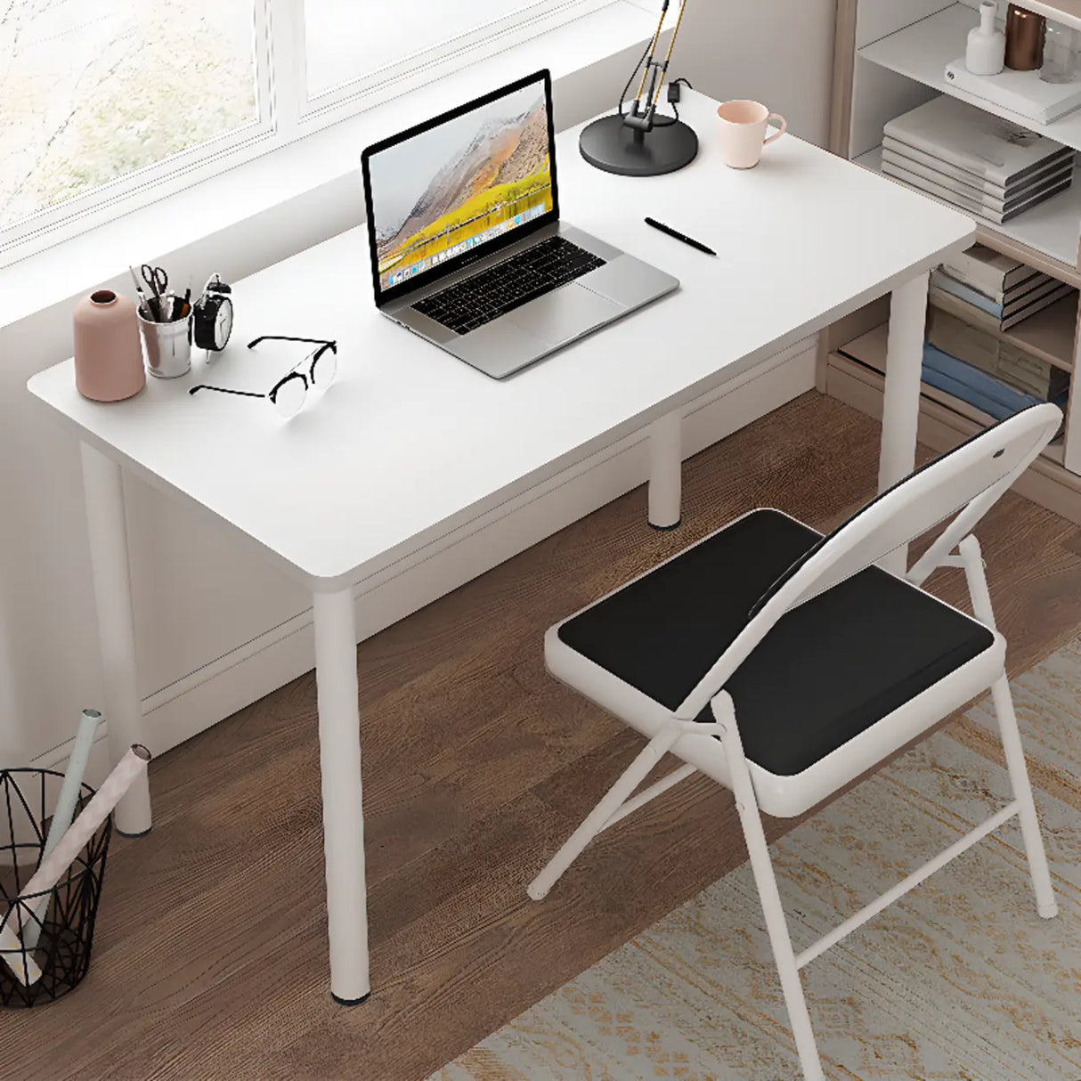 Small White Rectangular Wooden Writing Desk Image - 4