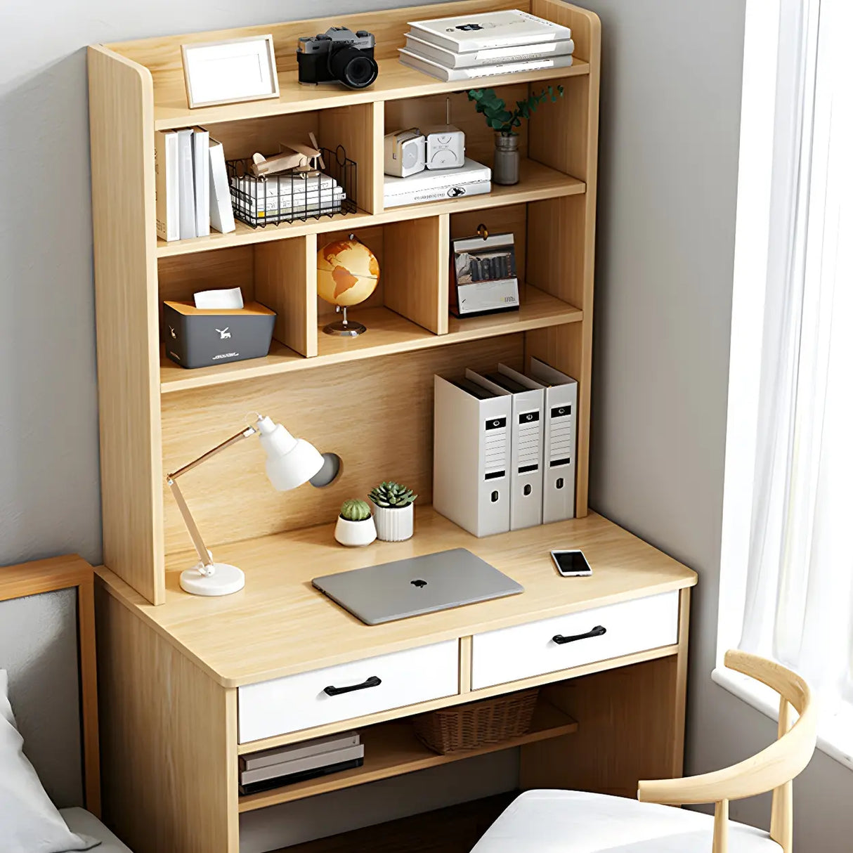 Small Wood H-Shape Base Credenza Desk with Hutch Image - 1
