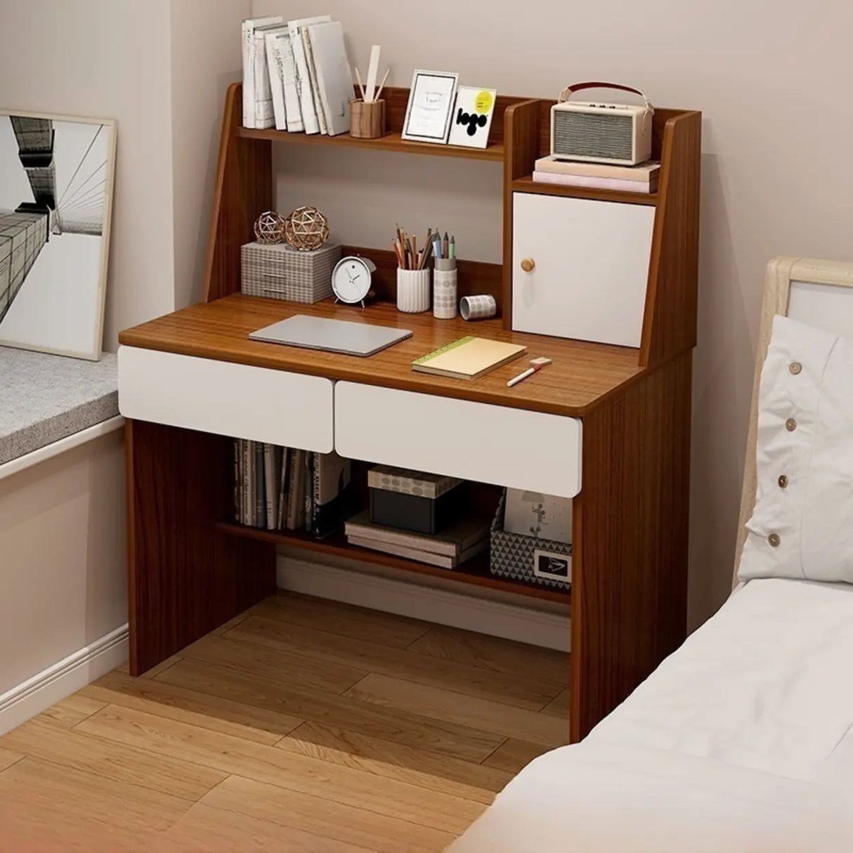 Small Wood Rectangle Sled Base Credenza Desk with Hutch Image - 6