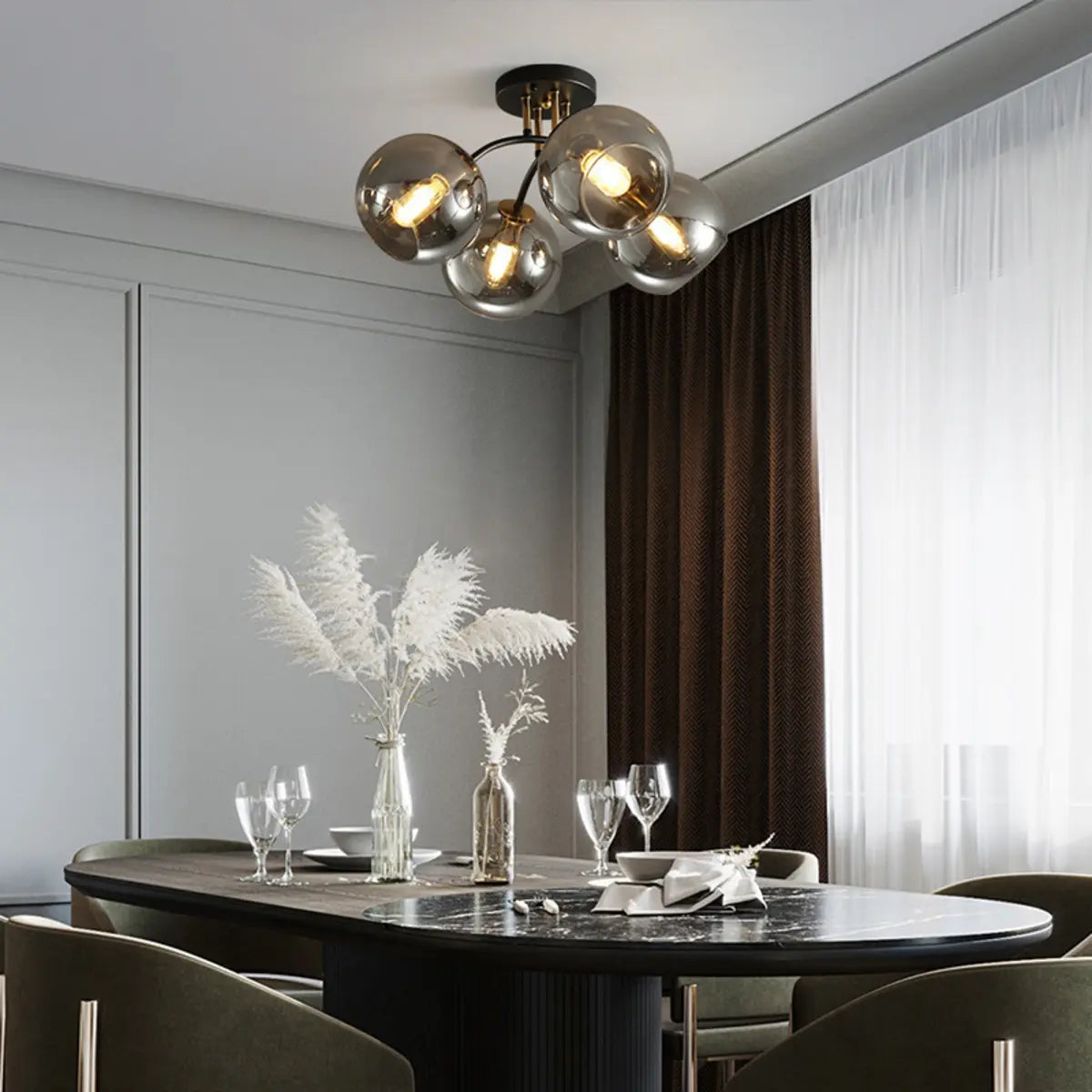 Smoke Gray Atomic Globe Semi-Flush Mount Lamp 6-Light Image - 6