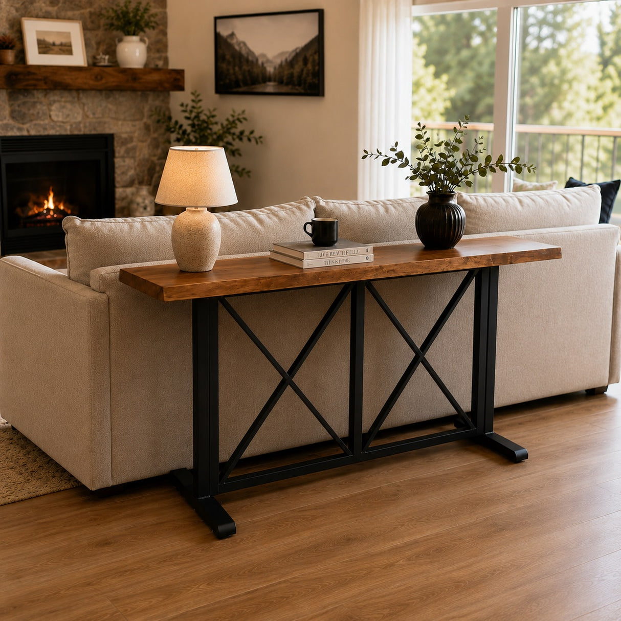 Industrial Narrow Bar Table Behind Couch with Footrest
