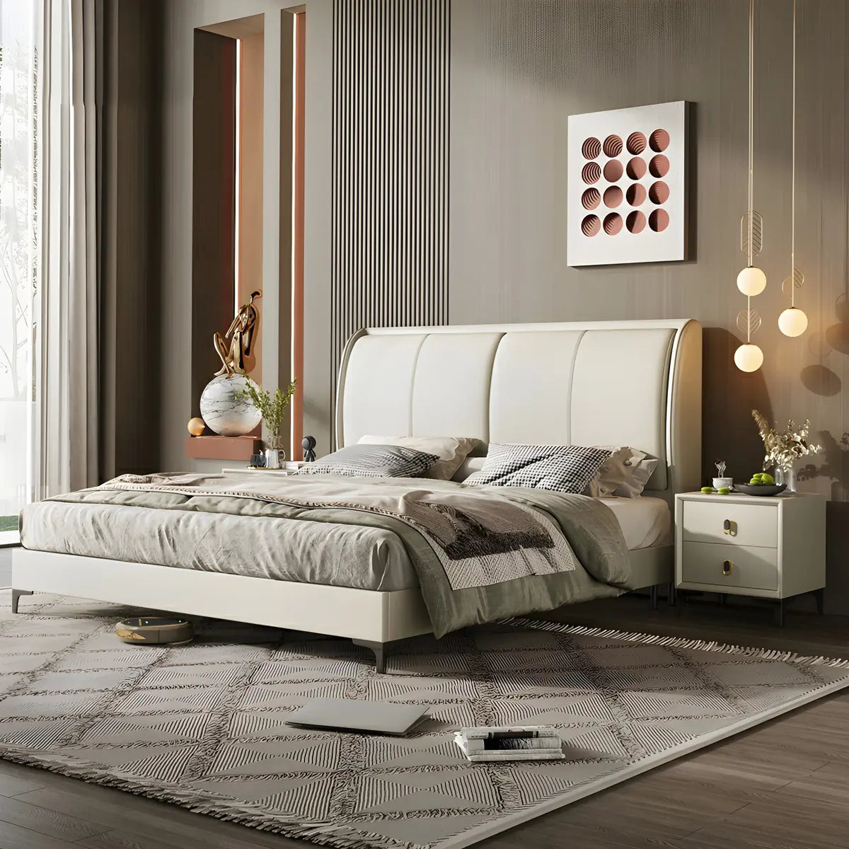 Soft Beige Queen Upholstered Wingback Bed with Storage Image - 1