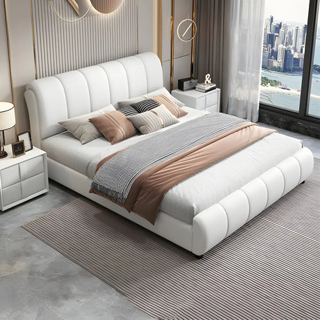 Soft White Queen Headboard Leather Modern Panel Bed Image - 1