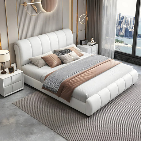 Soft White Queen Headboard Leather Modern Panel Bed Image - 2