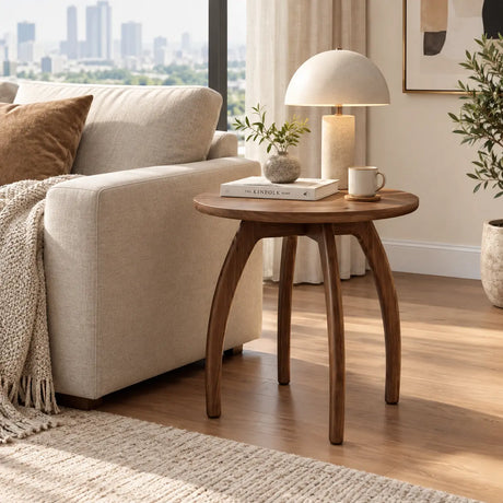 Solid Ash Wood Round Side Table with Curved Legs Image - 1