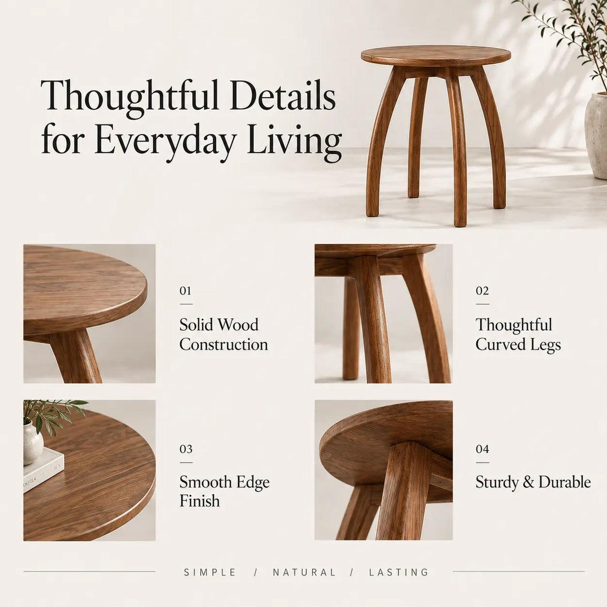 Solid Ash Wood Round Side Table with Curved Legs Image - 5
