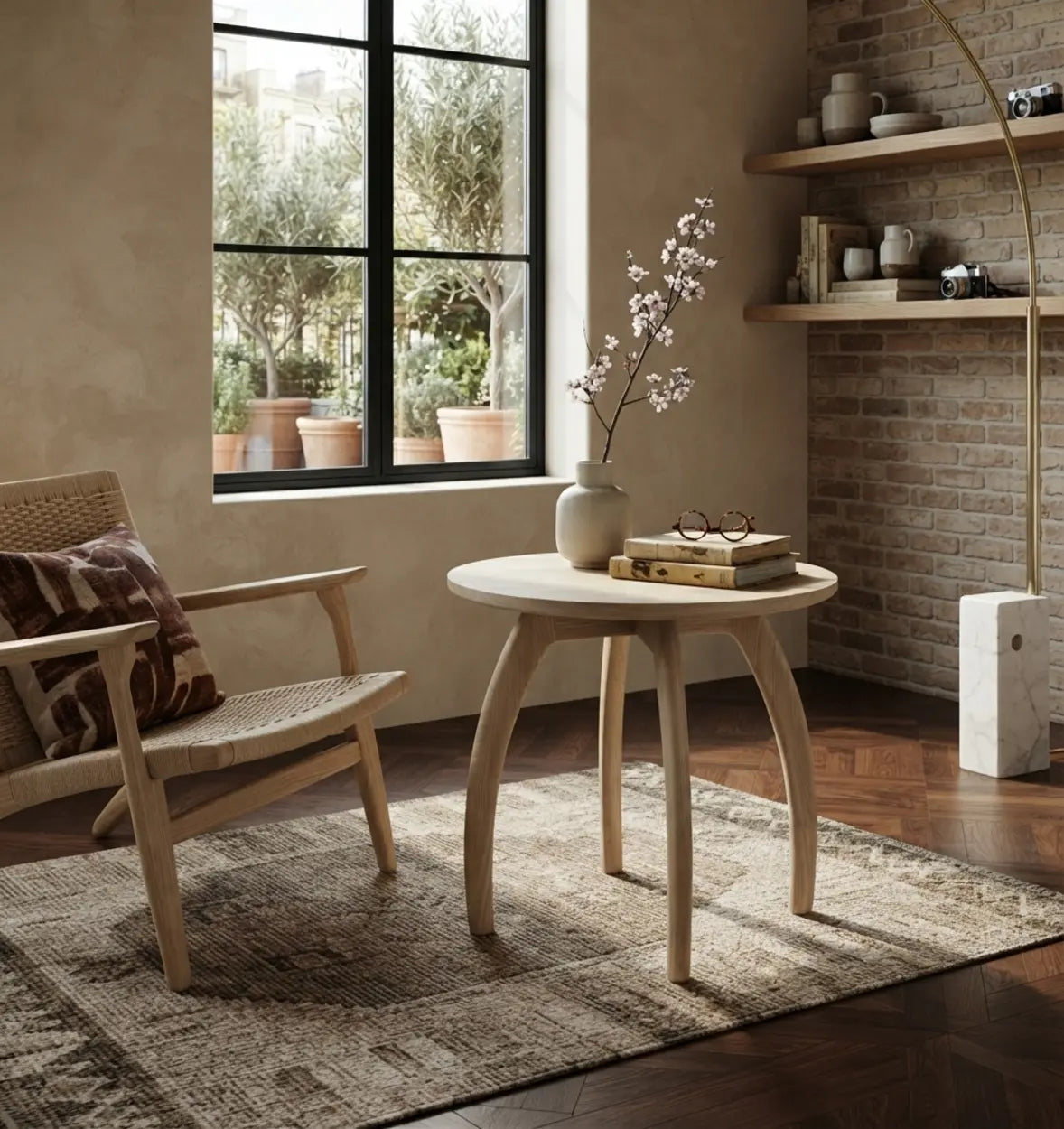 Solid Ash Wood Round Side Table with Curved Legs Image - 7