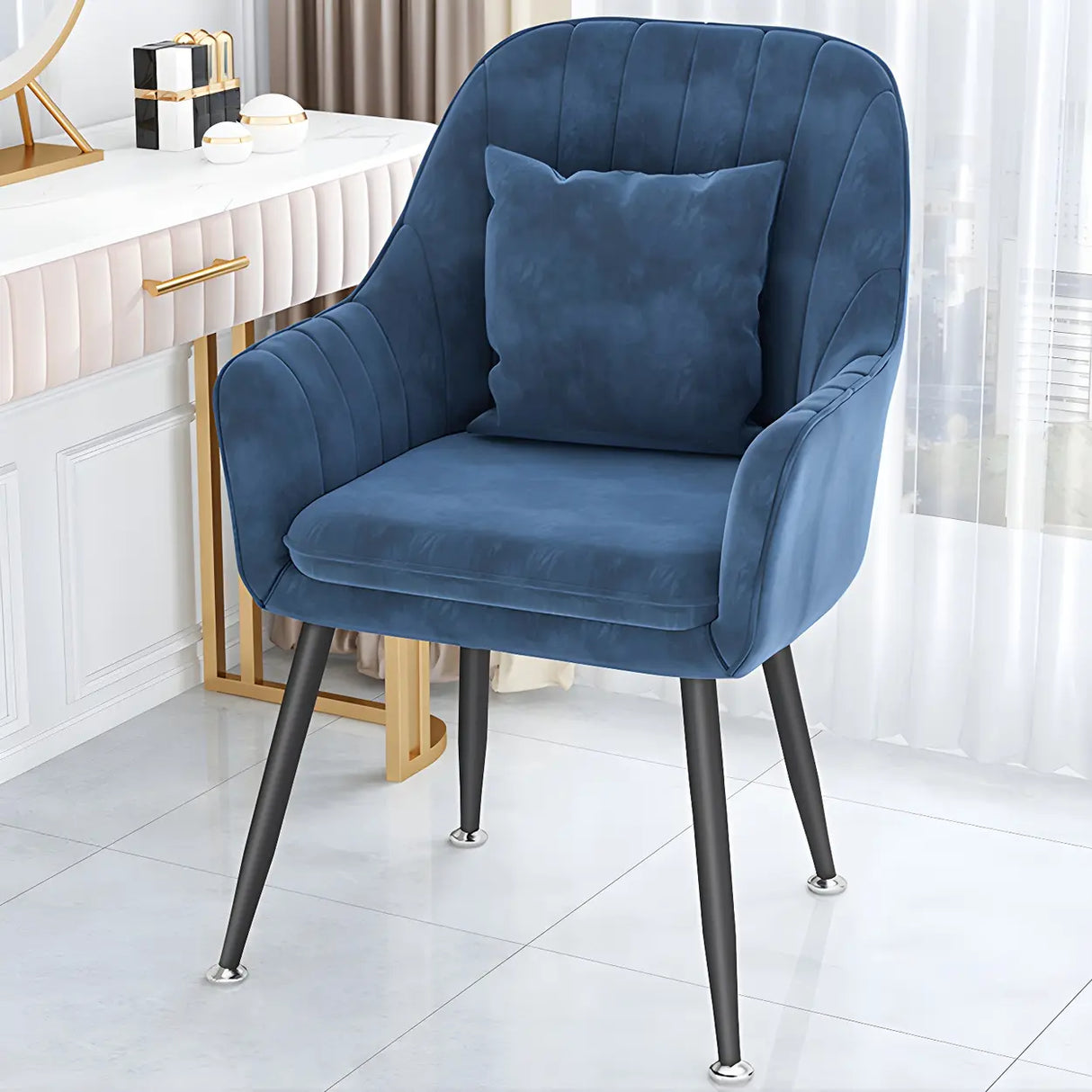 Solid Back Metal Leg Upholstered Dining Arm Chair Image - 32