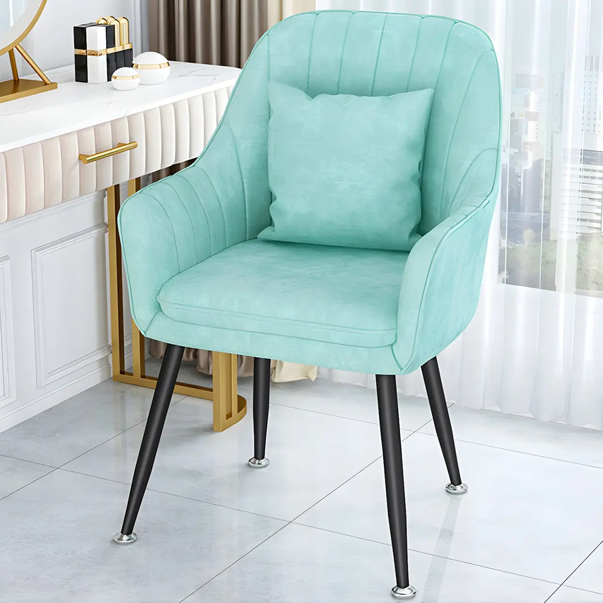 Solid Back Metal Leg Upholstered Dining Arm Chair Image - 35