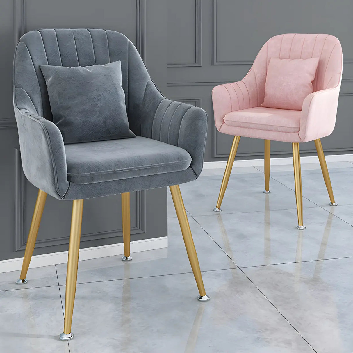 Solid Back Metal Leg Upholstered Dining Arm Chair Image - 5