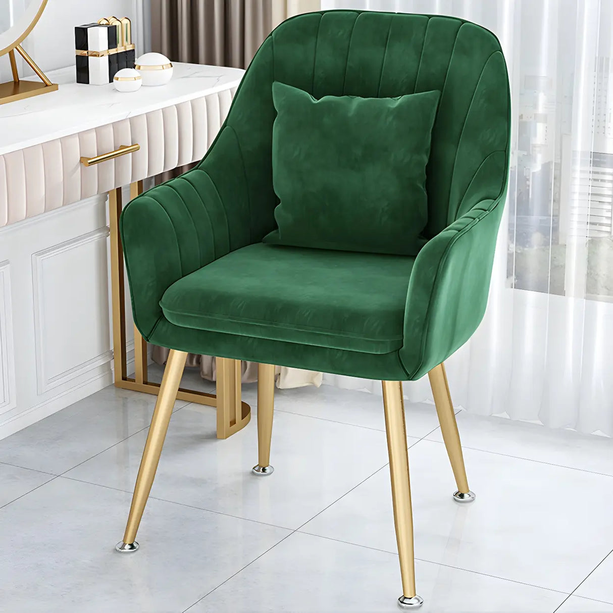 Solid Back Metal Leg Upholstered Dining Arm Chair Image - 8