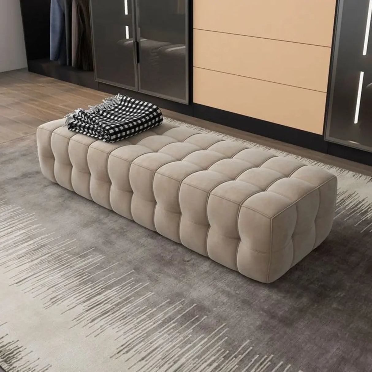 Solid Beige Upholstered Short Height Bedroom Bench Image - 4