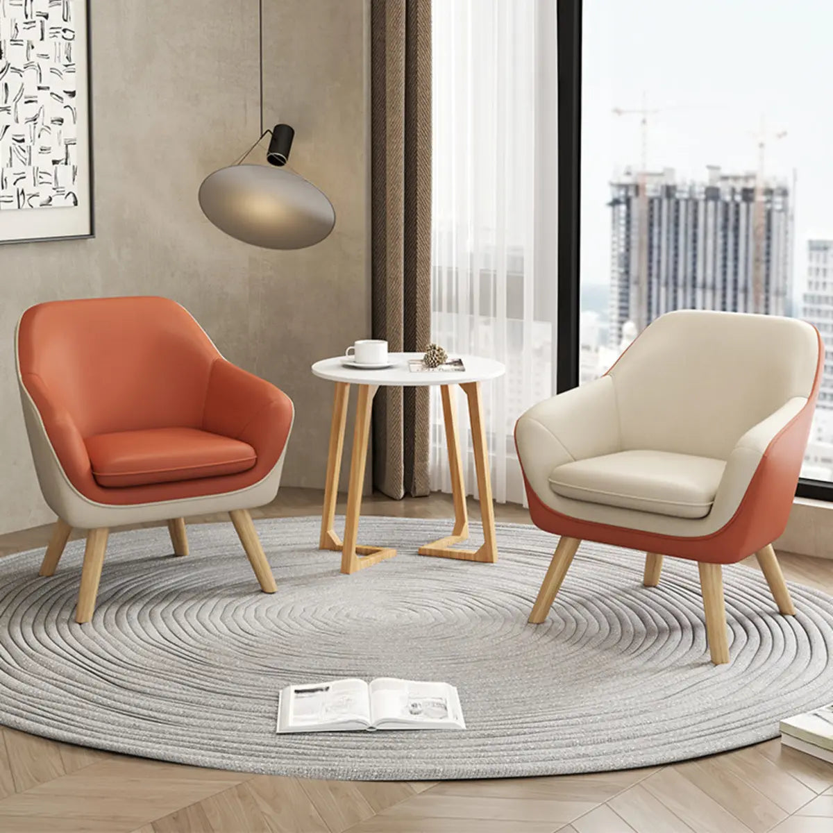  Solid Color Fixed Back Natural Wood Four Legs Arm Chair Image - 1