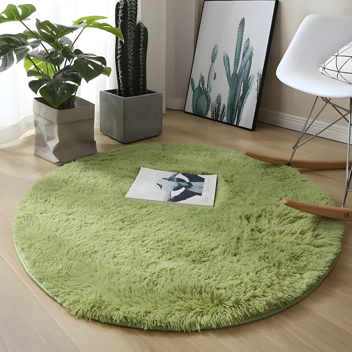 Solid Color Round Shag Polyester Green Plush Area Rug Image - 1