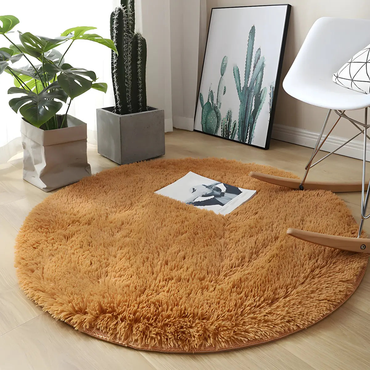 Solid Color Round Shag Polyester Green Plush Area Rug Image - 6