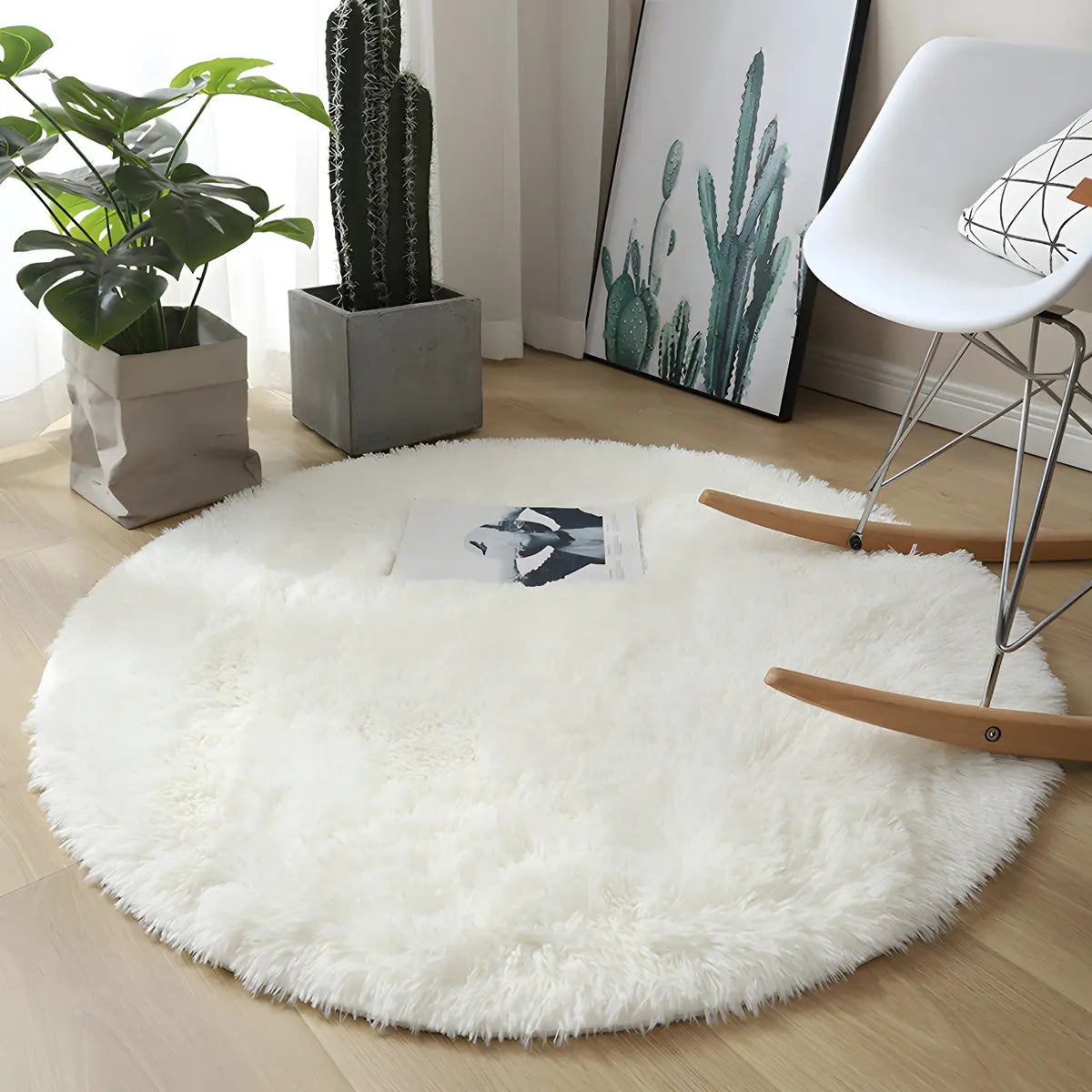 Solid Color Round Shag Polyester Green Plush Area Rug Image - 8