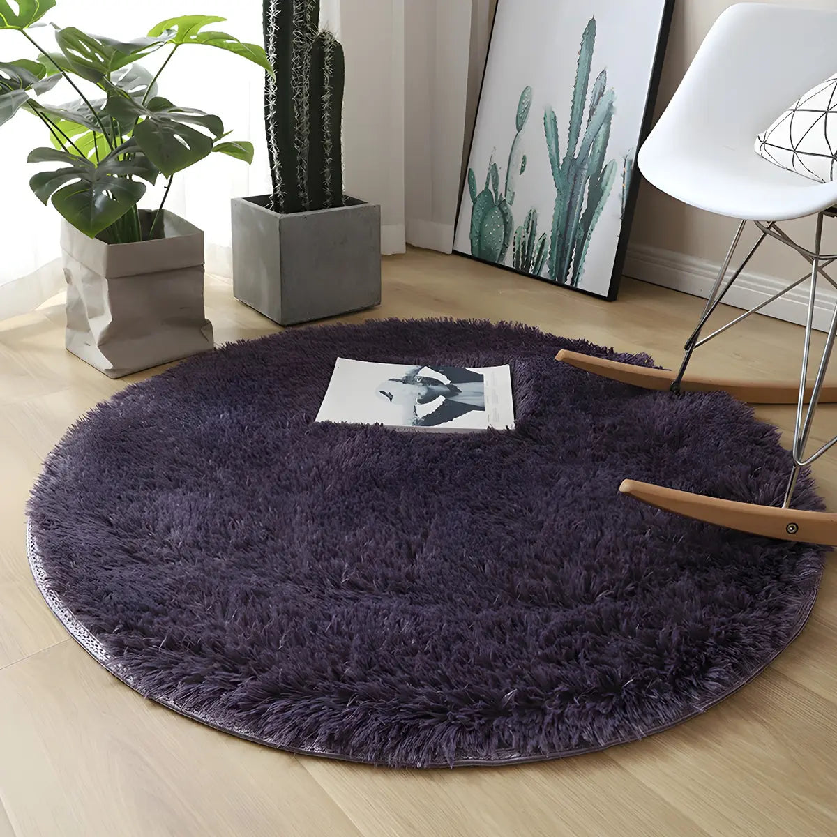 Solid Color Round Shag Polyester Green Plush Area Rug Image - 9